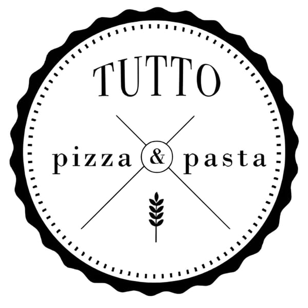 Tutto Pizza & Pasta logo with a wheat stalk, black text on a white scalloped circle.